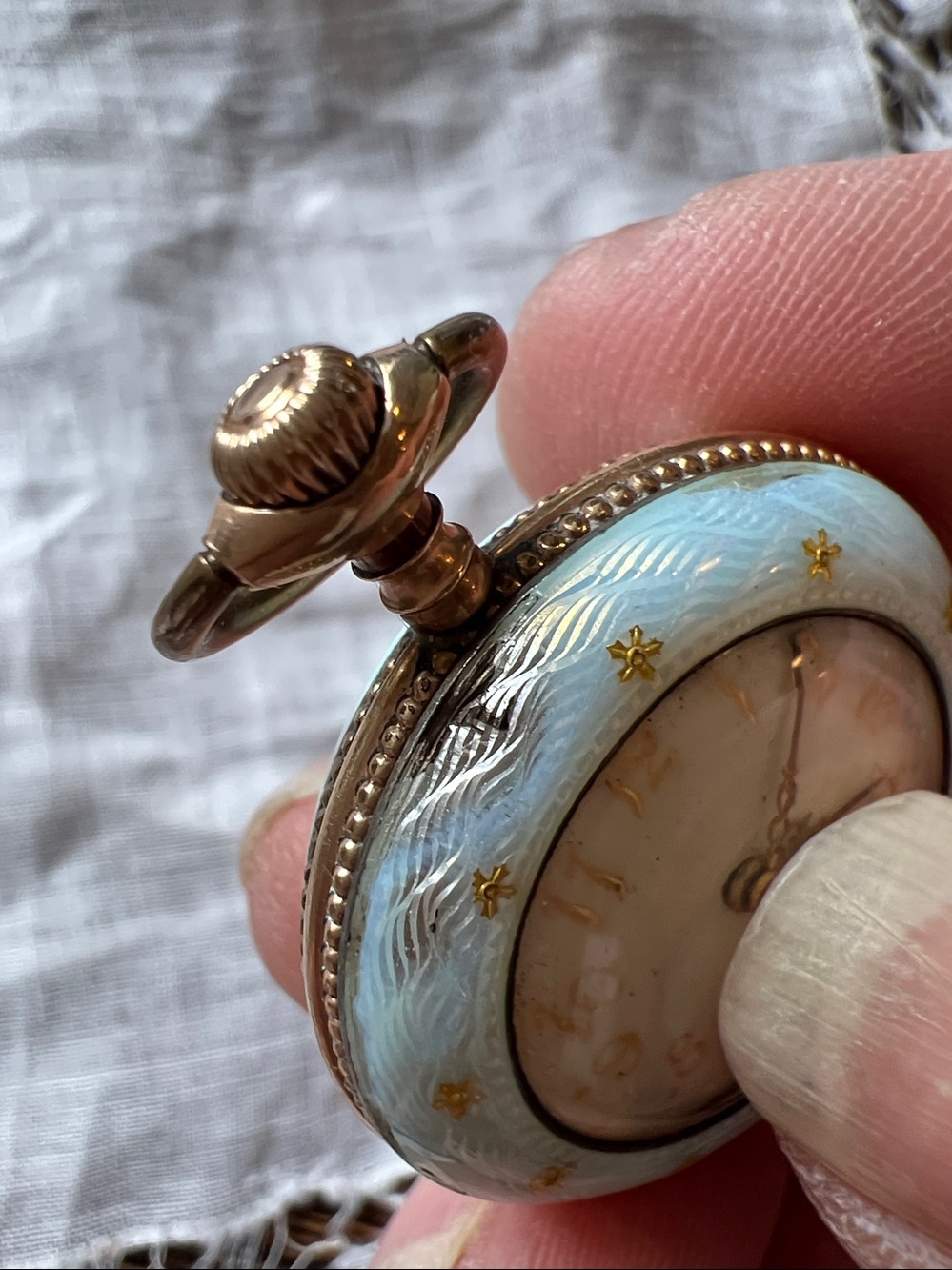 Vintage 14K Gold & Sterling Silver Victorian Guilloche Watch Pendant - Picture 3 of 6
